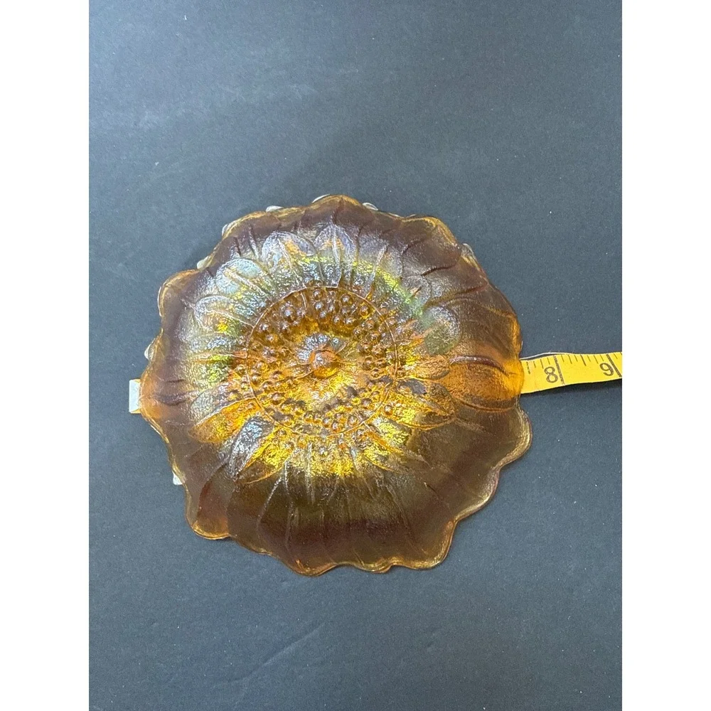 Vintage Marigold Carnival Glass Sunflower Bowl Iridescent Amber Scalloped 7.5